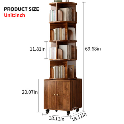 Walnut 5-Tier Rotating Bookshelf with Closed Drawer, Retro Solid Wood Narrow Corner Home Book Organizer