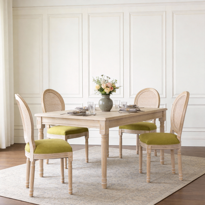 Set of 2 Green French Country Rattan Round Back Dining Chairs, Full Solid Wood Frame Disassemblable Side Chairs