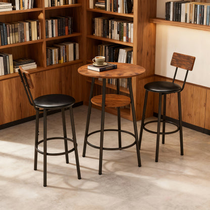 3 Pieces Round Bar Table and Chairs Set, Small Dining Table for 2 with 2-Tier Storage & 2 PU Upholstered Bar Stools for Kitchen, Dining Room, Living Room, Bar, Cafe, Small Space Corner, Rustic Brown