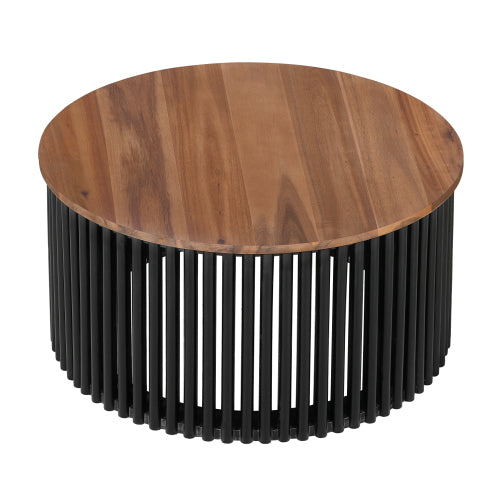 30inch  Acacia Solid Wood Round Coffee Table, Natural & Black Floating Top Accent Table