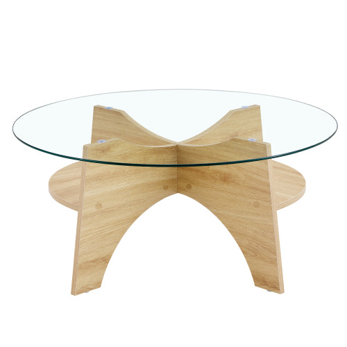 31.5 Inch Round Tempered Glass Coffee Table, Fan-Shaped Wood Grain Pedestal Table for Living Room & Office