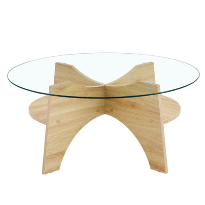 31.5 Inch Round Tempered Glass Coffee Table, Fan-Shaped Wood Grain Pedestal Table for Living Room & Office