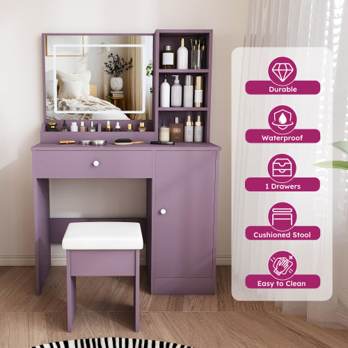 Purple Modern Vanity Desk Set, Dimmable 3?Color LED Mirror, MDF Build, Padded Stool for Bedroom Apartment