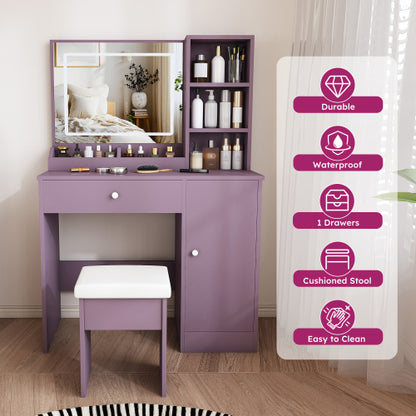 Purple Modern Vanity Desk Set, Dimmable 3?Color LED Mirror, MDF Build, Padded Stool for Bedroom Apartment