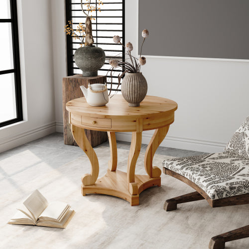 Farmhouse Round Side Table with Storage Drawers Small Dining Accent Table