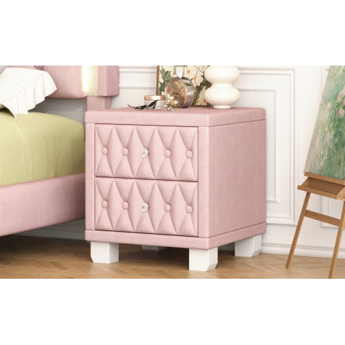 Elegant Velvet Nightstand with 2 Drawers and Crystal Handle, Storage Bedside Table with Button-Tufted, Pink