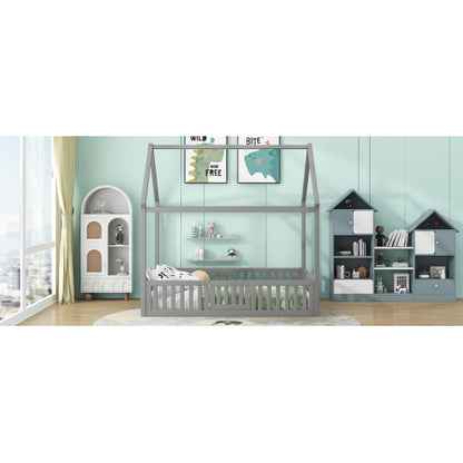 Full Size Wood House Bed with Fence and Door, Gray