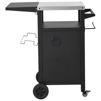 33.9 inch Outdoor Grill Cart with Drop Leaf, Outdoor Metal Bar Cart Pizza Oven Table with Wheels, Stainless Steel Top, Outdoor Kitchen Island with Storage Cabinet & Spice & Paper Rack for BBQ, Waterpr