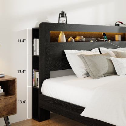 Bed Frame Full Size, Wood Platform Bed Frame with Storage LED Light Headboard and 2 USB , Noise Free,No Box Spring Needed and Easy Assembly Tool,Large Under Bed Storage,Dark Black