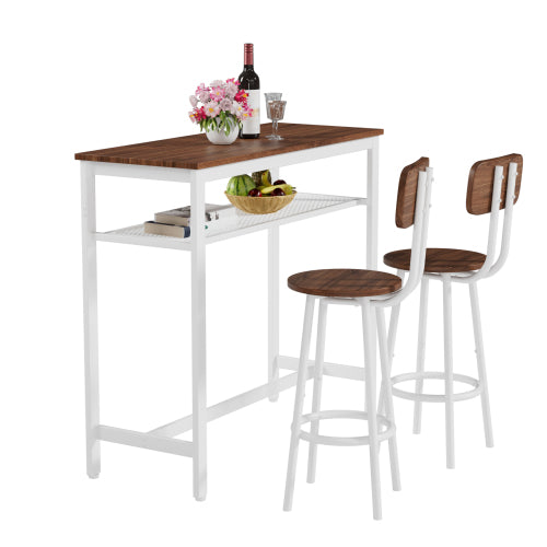 3-Piece Wood Top Bar Set, White Steel Frame Table & 2 Stools with Rack