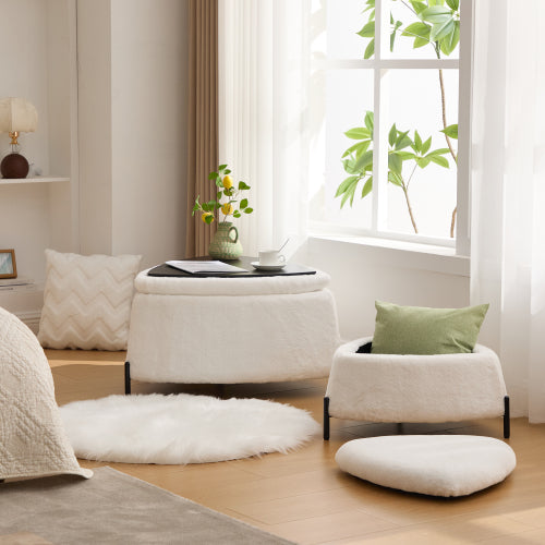 29.9 Inch Ivory 2-Piece Faux Fur Storage Ottoman Set, Nesting Footstool with Reversible Lid & Metal Legs, 275 LBS Capacity