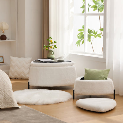 29.9 Inch Ivory 2-Piece Faux Fur Storage Ottoman Set, Nesting Footstool with Reversible Lid & Metal Legs, 275 LBS Capacity