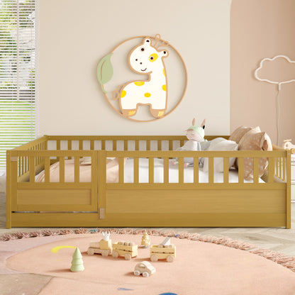 Full Size Floor bed, integral construction with super high security barrier, door, children's floor bed frame, Montessori wooden children's floor bed, Support  slat Natural Wood