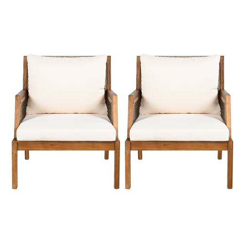 2 Piece Acacia Wood Patio Furniture Club Chair, Set of 2 Outdoor Wicker Armchair, Deep Seating with Soft Cushions for Porch, Garden, Backyard, Balcony, Teak & Mix Brown & Cream