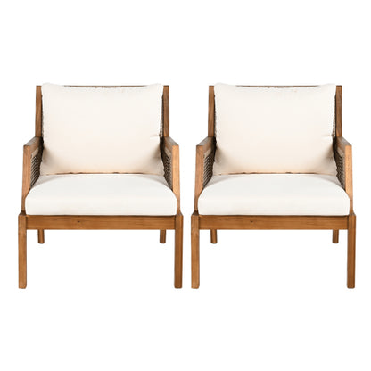 2 Piece Acacia Wood Patio Furniture Club Chair, Set of 2 Outdoor Wicker Armchair, Deep Seating with Soft Cushions for Porch, Garden, Backyard, Balcony, Teak & Mix Brown & Cream