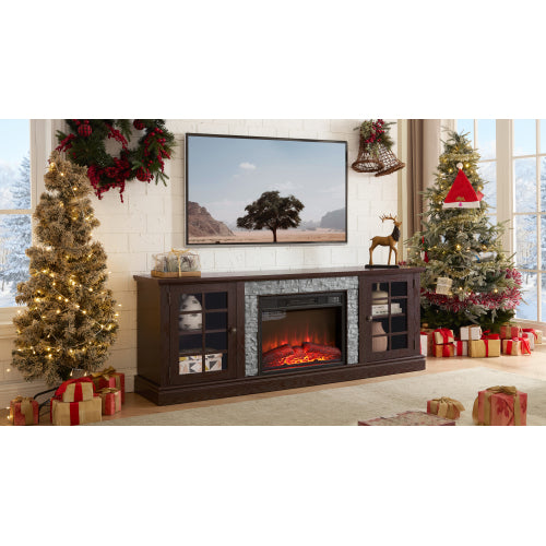 70 Inch TV Stand with Electric Fireplace Cherry Faux Stone Media Console