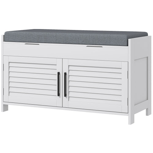 Shoe Bench, Entryway Bench with Shoe Storage, Cushion, Hidden Compartments, Adjustable Shelves and Shutter Doors, 35.4inch  Shoe Organizer for Entryway, Hallway, Holds Up to 352 lbs., White