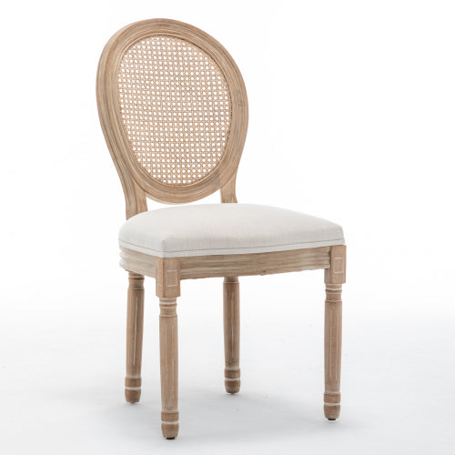 Rattan Back Wood Dining Chairs with Linen Seats, Set of 2, Beige