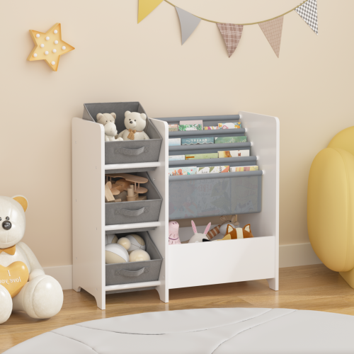 White 4-Tier Kids Bookshelf With 3 Collapsible Fabric Drawers Multi-Functional Toy Book Storage Organizer