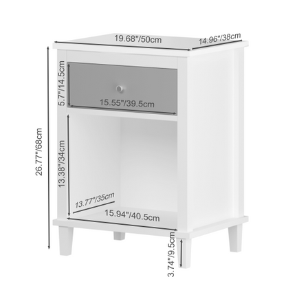 26.77''H Wooden Nightstand with One Drawer One Shelf for Kids, Adults,Gray+Silver handle