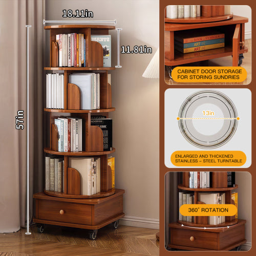 5-Tier Rotating Bookshelf with Drawer, 360¡ã Corner Bookcase, Walnut