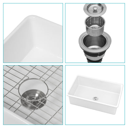 32"x19"x10" Undermount Single Bowl Porcelain Fireclay Kitchen Sink - Dual Mount White Fireclay Rectangular Deep Single Bowl Sink Basin
