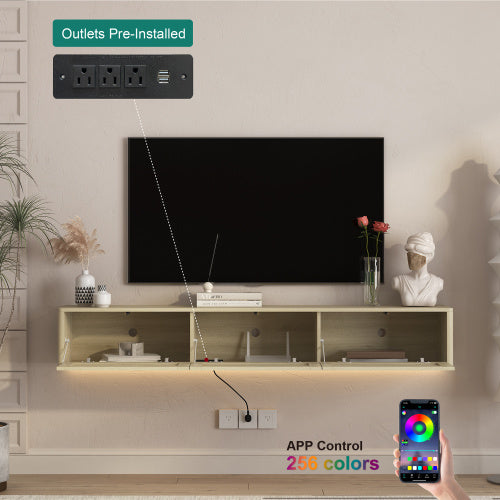 Wood Floating Wall Mount High Gloss TV Cabinet with 16 Color LED Lights & Built-in Power Ports