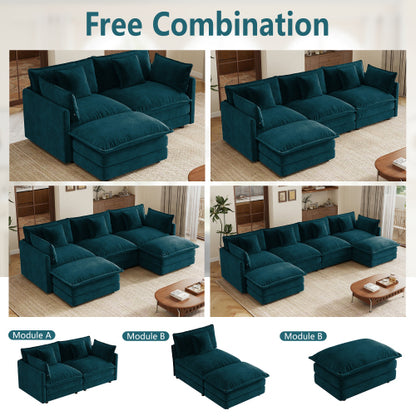 Blue Chenille Modular Sectional Sofa Ottoman with Solid Wood Frame