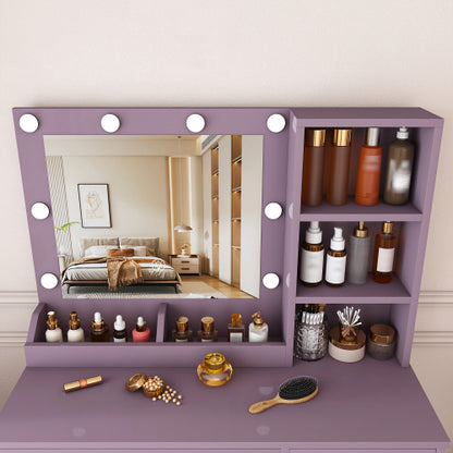 Purple Vanity Desk Set with Padded Stool & Adjustable Lighted Mirror, 8 Round Bulbs, 3 Color Modes, Modern Bedroom