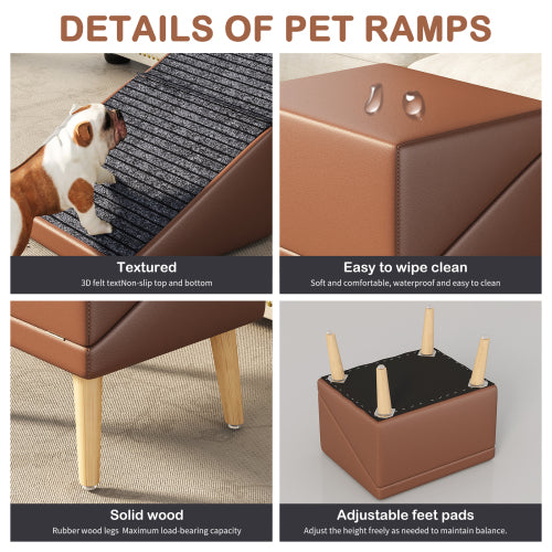 Brown 3-in-1 Foldable Pet Ottoman Dog Ramp, Anti-Slip Pet Stairs with Hidden Storage for Dogs & Cats