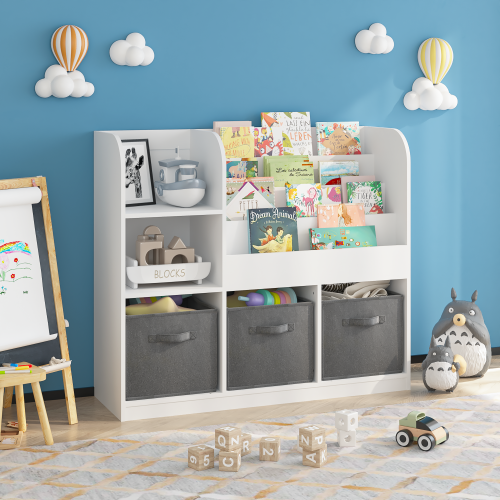 Kids Bookcase with 3 Fabric Drawers, MDF Toy Storage Organizer, White/Gray