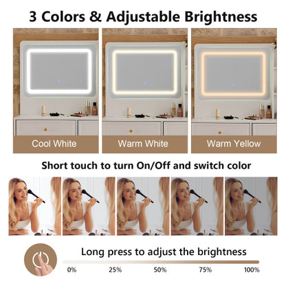 White Expandable Vanity Desk with LED Lighted Mirror, Adjustable Position Side Cabinet, Power Strip & Storage Drawers