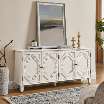 65.2 inch Mid Century Modern Sideboard Buffet Cabinet with Storage, Symmetrical Geometric Accent Coffee Bar Wine Bar Storage Cabinet, Large Console Table for Living Room/Entryway/Kitchen, Antique White
