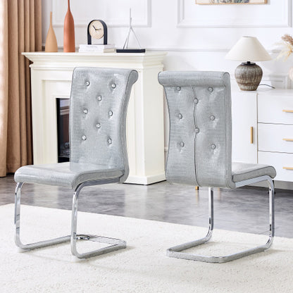 Set of 2 Retro Alligator Skin Faux Leather Dining Chairs, Crystal Buckle Design with Electroplated Metal Bow Legs