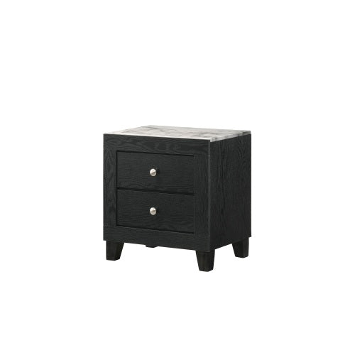 White Faux Marble Top 2-Drawer Nightstand with Black Frame