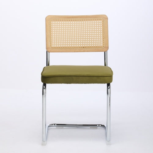 Mid Century Modern Dining Chairs Set of 2, Velvet Accent Chairs with Natural Cane Back and Stainless Chrome Base, Olive Green