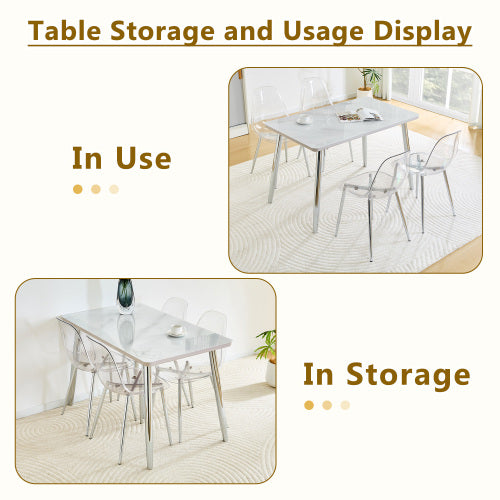 5-Piece Marble Glass Dining Set, Double-Layer Table & 4 Transparent Plastic Chairs with Silver Legs