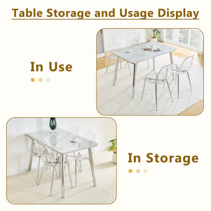 5-Piece Marble Glass Dining Set, Double-Layer Table & 4 Transparent Plastic Chairs with Silver Legs