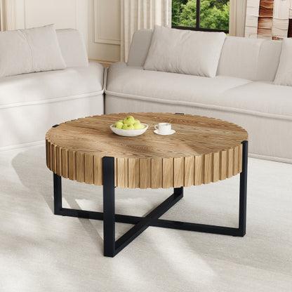 31.5inch  Round Drum Coffee Table MDF Wood Grain Industrial Metal Base
