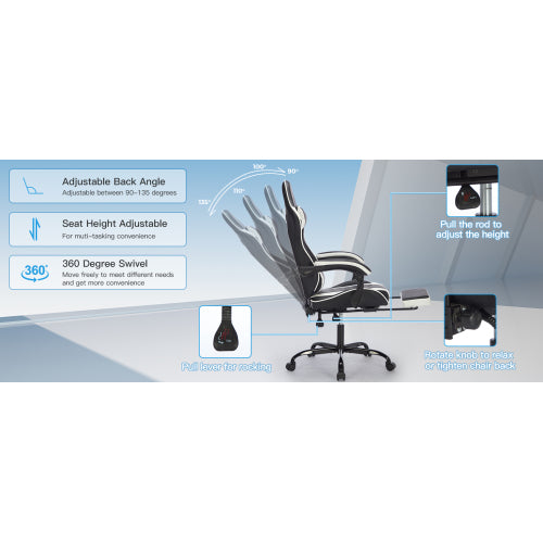 Gaming Chair with Footrest, Ergonomic Computer Chair with Headrest and Lumbar Support, Breathable Material Height Adjustable Video Game Chairs for Adults, Black White