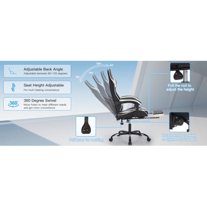 Gaming Chair with Footrest, Ergonomic Computer Chair with Headrest and Lumbar Support, Breathable Material Height Adjustable Video Game Chairs for Adults, Black White
