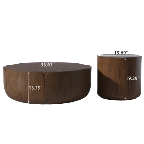 Round Outdoor Indoor Coffee Table Set, Modern Wood Grain Drum Center Table Set, Sturdy MGO (Magnesium Oxide) Waterproof, No-Assembly Table for Patio, Garden, Backyard, Living Room,Brown(Set of 2)