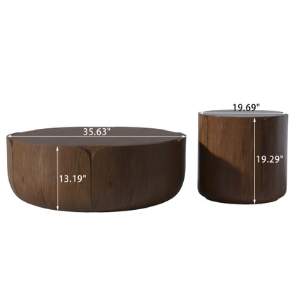 Round Outdoor Indoor Coffee Table Set, Modern Wood Grain Drum Center Table Set, Sturdy MGO (Magnesium Oxide) Waterproof, No-Assembly Table for Patio, Garden, Backyard, Living Room,Brown(Set of 2)