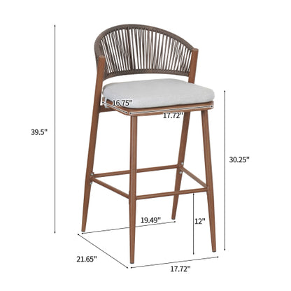 Outdoor 30.25" Seat Height Aluminum Frame Barstools with PE Rattan Scallop-shaped Backrest, Set of 2, Teak Finish