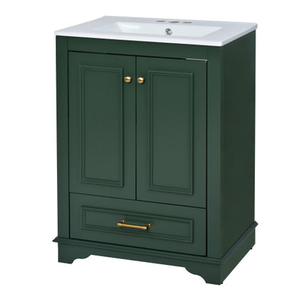 24'' Bathroom Vanity with Ceramic Sink Combo, Modern Freestanding Storage Cabinet with Silver Handles, Soft Closing Doors