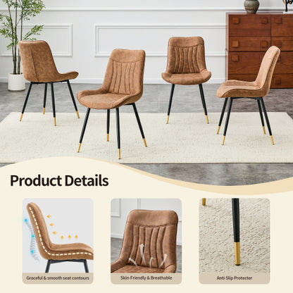 Set of 2 Brown Leathaire Tech Fabric Dining Chairs, Black Semi-Gloss Metal Leg Gold Trim Adjustable Feet Vertical Stitch High Back