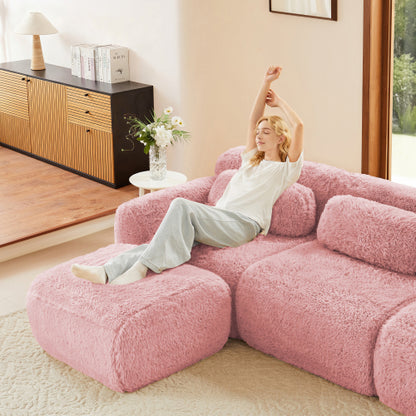 Pink L-Shaped Plush Boneless Modular Sofa, Movable Ottoman, 32D Sponge, No Assembly
