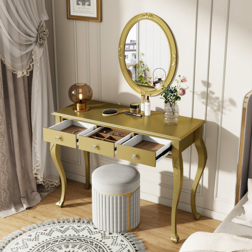 Gold Luxury Oval Mirror Vanity Desk, 41.0 inch *17.5 inch  Tabletop, 3 Drawers, Decorative Console for Entryway & Bedroom