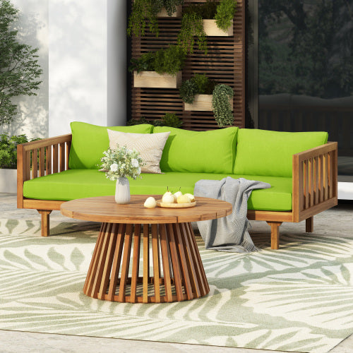 Acacia Wood Patio Furniture Set,Outdoor 3 Seater Daybed(with Water Resistant Thick Cushions)and Round Coffee Table, Green Cushion