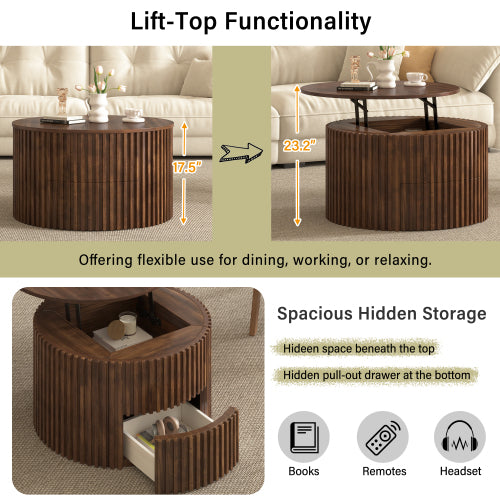 Round Lift Top Fluted Coffee Table, Solid Wood & MDF Accent Table with Hidden Storage Drawer